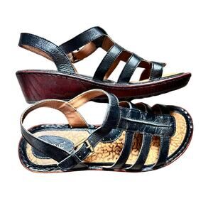 BOC Born Leather Strappy Wedge Sandals Black Comfort Slingback Womens 9
